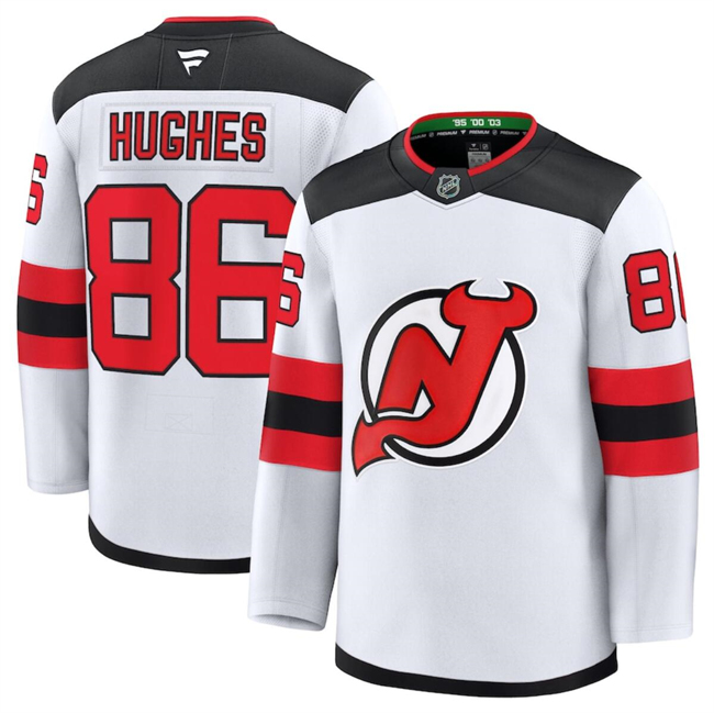 Men's New Jersey Devils #86 Jack Hughes Fanatics White 2024-25 Away Stitched Hockey Jersey